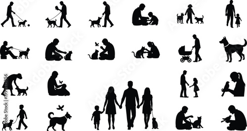 People with pets silhouettes collection showing dog walking cat care and family interactions isolated black vector set