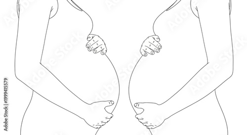 Minimalist line art illustration of two pregnant women facing each other.