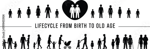 Lifecycle From Birth To Old Age Human Silhouettes With Heart And Family Groups Keywords: lifecycle, birth, old age, human