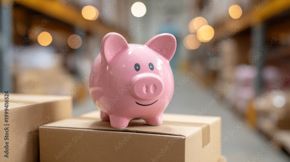 Obraz premium A Cute Pink Piggy Bank Placed on Cardboard Boxes in a Warehouse Setting, Symbolizing Savings and Financial Management Amongst Packing Materials
