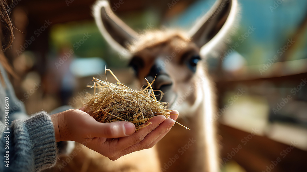 Obraz premium Close up of a small hand gently offering a handful of hay to a soft focused llama on a bright softly defocused farm background farm visit animal interaction family bonding