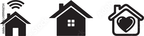 Set of three simple house icons with different features, including Wi-Fi symbol, window, and heart shape, representing smart home, residence, and dwelling