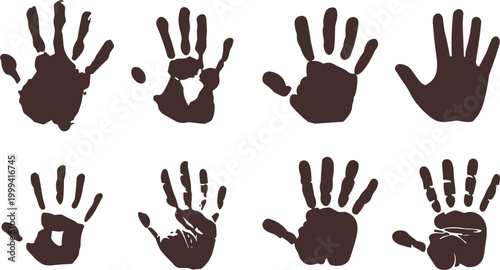 Set of eight dark brown handprint imprints on a white background mark