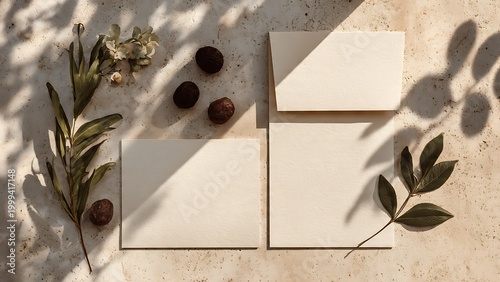 White Paper Cards with Olive Branches and Fruits.
