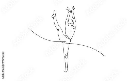 Continuous line drawing of a gymnast performing on a balance beam in a graceful pose