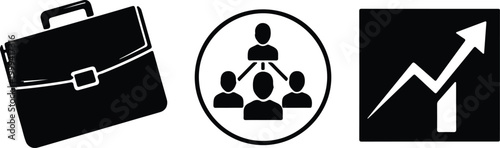 Collection of business-related icons representing concepts such as a briefcase, organizational hierarchy, and growth charts for professional use