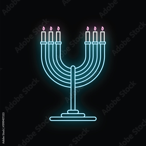 Neon menorah glowing on a black background, symbolizing hanukkah and jewish traditions
