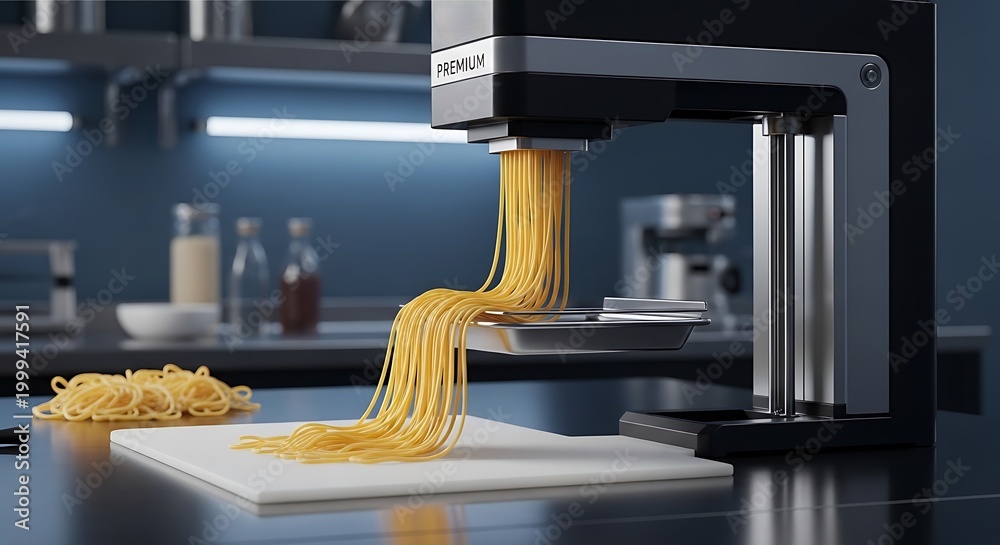 Naklejka premium Premium automatic pasta maker extruding fresh, golden spaghetti onto a clean white cutting board.