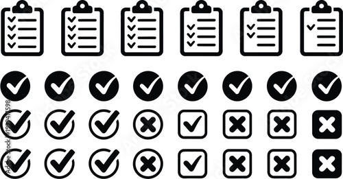 Set of flat vector survey icons including tick boxes and reject marks for project management tasks and business quality control.