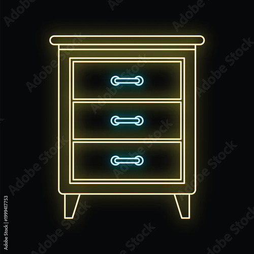Glowing neon dresser icon with three drawers on a black background