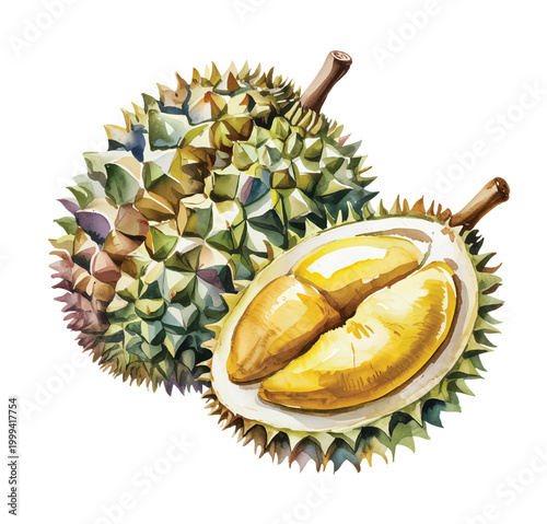 Fresh durian with spiky shell and creamy flesh in natural watercolor botanical look.