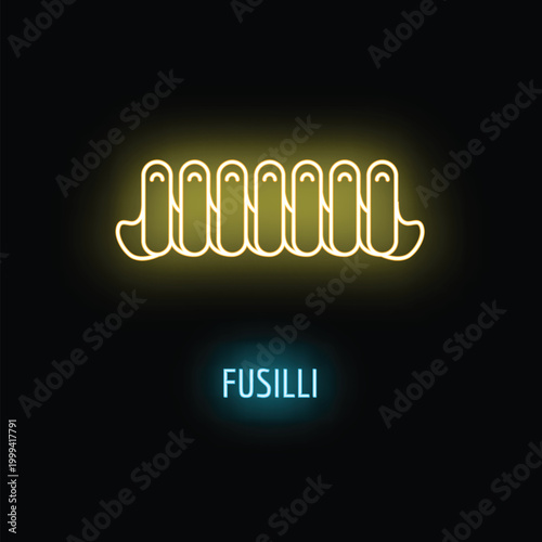 Neon yellow fusilli pasta with a blue text label glowing on a dark background