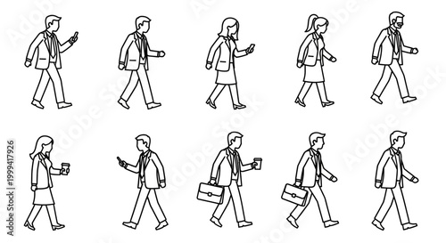 Set of ten isometric office workers walking in professional business suits.