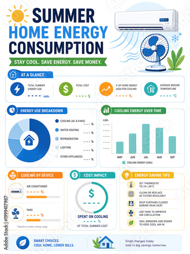 Summer home energy consumption infographic showing ways to save electricity and money on cooling devices during hot weather months with charts explaining residential power usage trends for