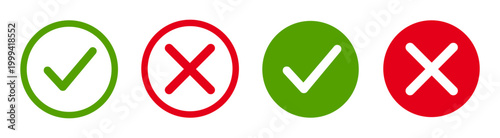 Obraz na plátně Green approval check mark and red cross icons in circle, checklist signs, flat c