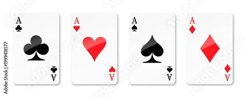 Ace card suit set, isolated playing cards symbols, aces playing cards on the transparent background