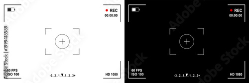 Photo or video camera viewfinder display screen frame, camera interface overlay shows information indicators, dark and light mode recording, frame from surveillance