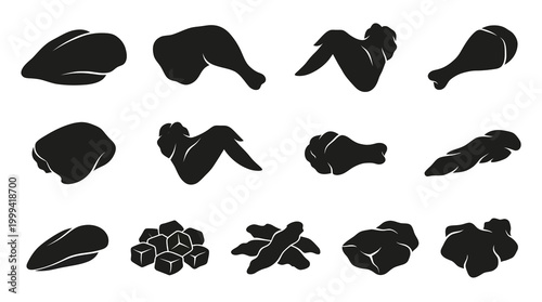 Food Industry Chicken Meat Cuts Glyph Icons Set. Poultry Silhouettes Vector Collection.