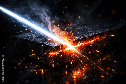 Intense laser beam cutting through glowing molten metal sparks industrial process