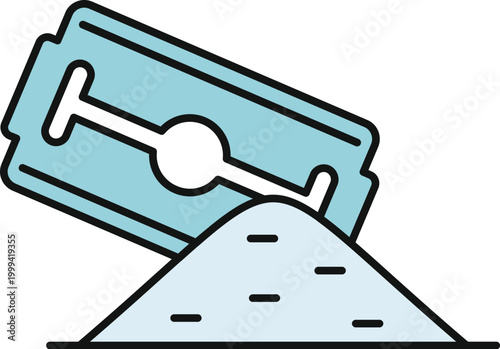 Razor blade resting on a pile of illegal white powder, indicating drug preparation