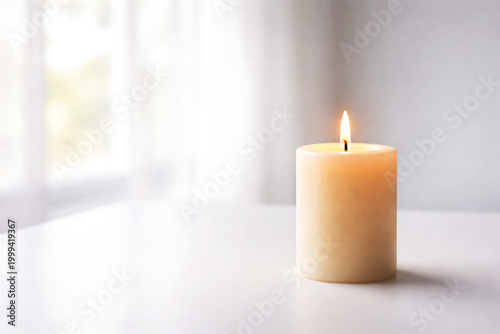 Minimalist candle in a transparent glass holder on a reflective surface