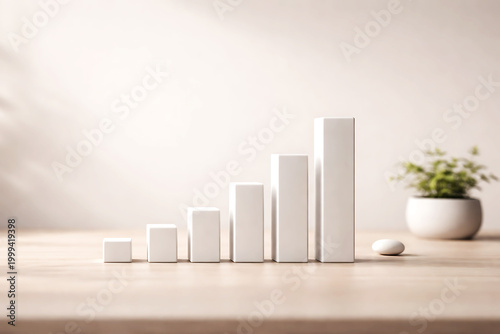 Minimalist wooden blocks arranged in ascending height with a potted plant natural wood color