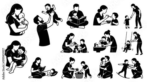 Parenting and Family Activities Glyph Silhouette Icons Set - Motherhood Fatherhood Childcare