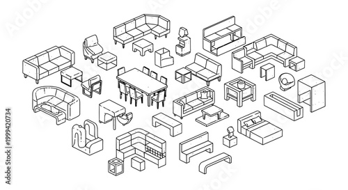 collection of isometric furniture and architectural elements in line art style