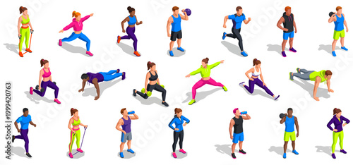 Fitness and gym goers characters | healthy active lifestyle workout team | diverse isometric flat vector illustration set