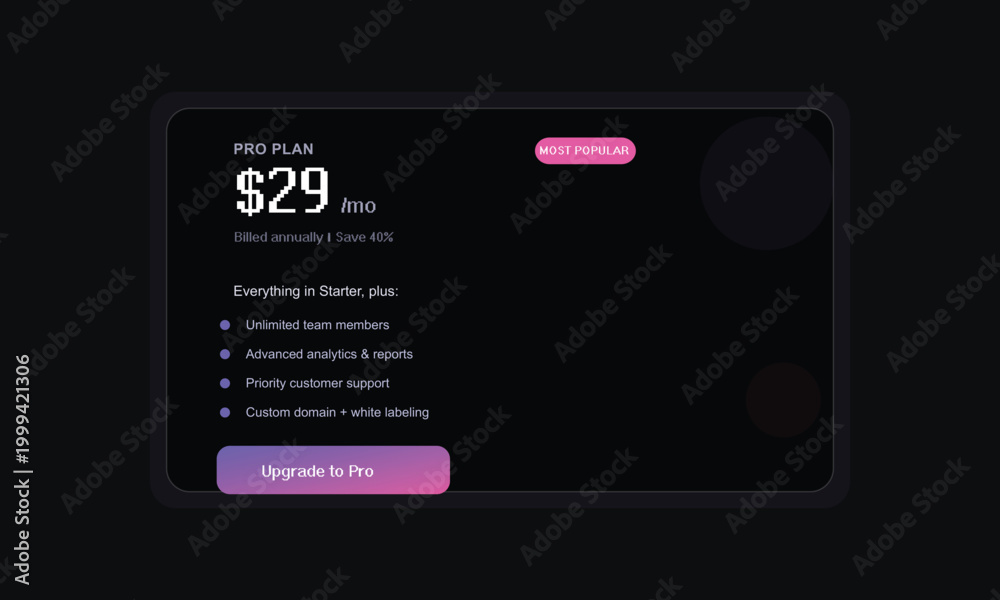 Naklejka premium Pricing plan, subscription upgrade, pro plan offer, $29 monthly fee, business template
