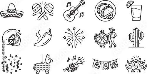 Cinco de Mayo icon set vector with Mexican symbols sombrero maracas guitar taco drink cactus festive line icons collection