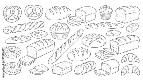 Detailed line art collection of fresh bread loaves rolls pretzels and pastries for bakery and culinary branding.
