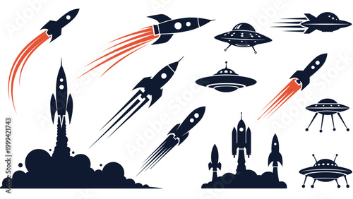 Collection of dark blue rocket ship and UFO icons featuring launch smoke trails and various futuristic designs.