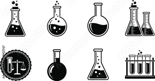 Cuadro en lienzo Chemistry laboratory glassware icon collection with flasks test tubes and scient