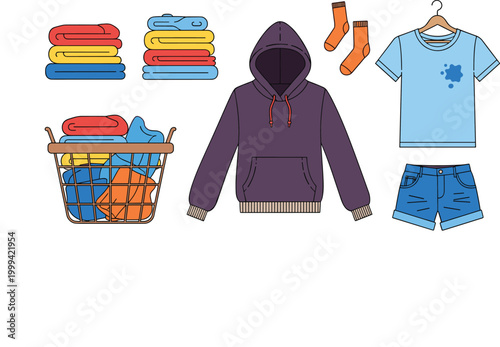 Laundry and Casual Clothing Vector Illustration Set Featuring Hoodies, Socks, T-Shirts, Shorts, Towels, and Laundry Basket for Home and Fashion Design.