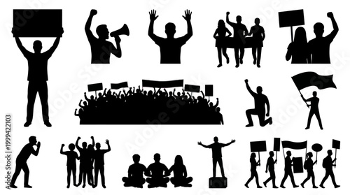 Activism and Protest Silhouette Vector Icons Set for Social Issues and Demonstrations