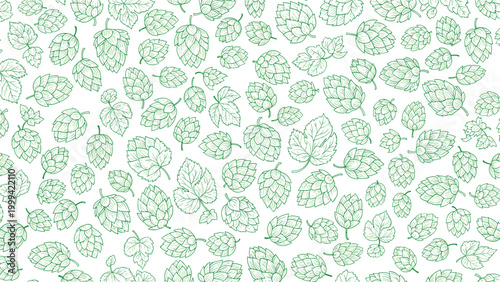Intricate green line art pattern of hop cones and leaves used for brewing beer and herbal remedies in a seamless layout.