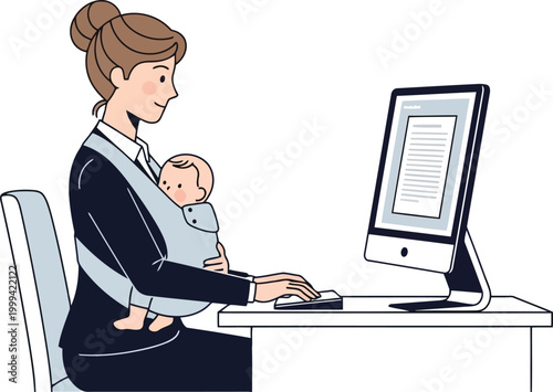 Professional businesswoman working on computer while carrying baby in a sling, corporate mother multitasking in office or remote workspace