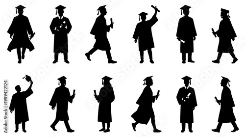 Education Graduates Vector Silhouettes with Cap and Gown and Diplomas