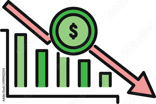 Bar chart illustrating a market crash and falling profits with a red downward arrow