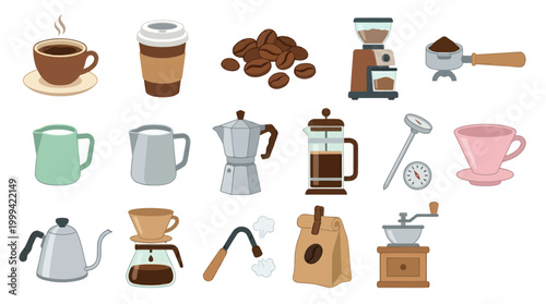 Flat Design Coffee Industry Equipment and Accessories Vector Icons Collection for Cafe  Beverage