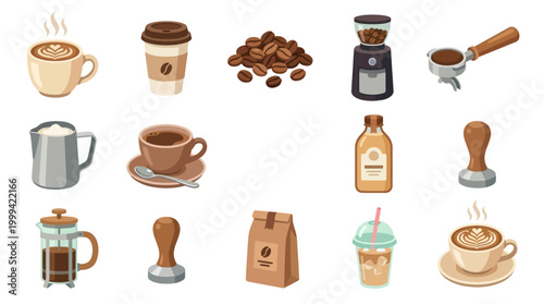Coffee Industry Flat Vector Icon Set with Drinks, Beans, and Equipment Elements