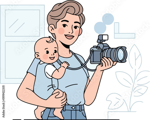 Professional female photographer holding baby while using digital camera, creative mother freelancer multitasking motherhood and career vector illustration.
