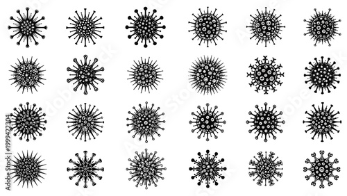 Diverse collection of black virus and bacteria silhouettes representing different microscopic pathogens and health risks.
