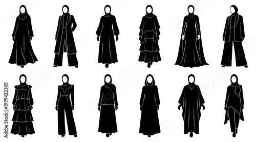 Black Silhouette Islamic Hijab Fashion Outfits Set Vector Art