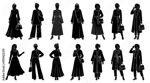 Black  White Islamic Women Fashion Silhouettes, Hijab Styles, Vector Art