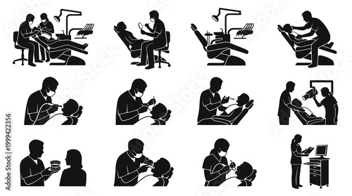 Dental Care Icons: Dentist, Patient, Surgery, Exam, White, Glyph