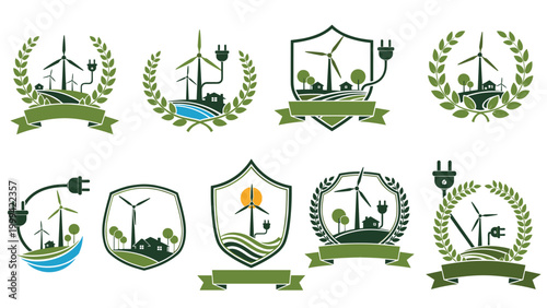 Green eco friendly logos featuring wind turbines and houses for renewable energy and sustainable living concepts.