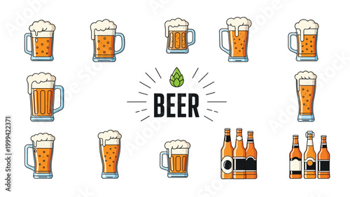 Colorful flat icons of beer mugs and bottles arranged around a centralized beer label for pub and brewery apps.