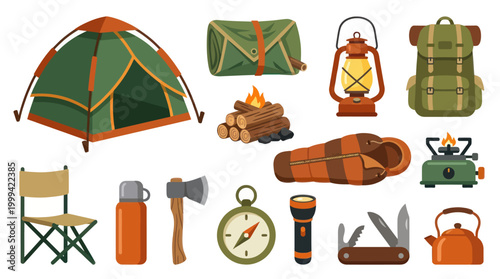 Camping Gear Icons: Tent, Backpack, Lantern, Sleeping Bag, Flat Design